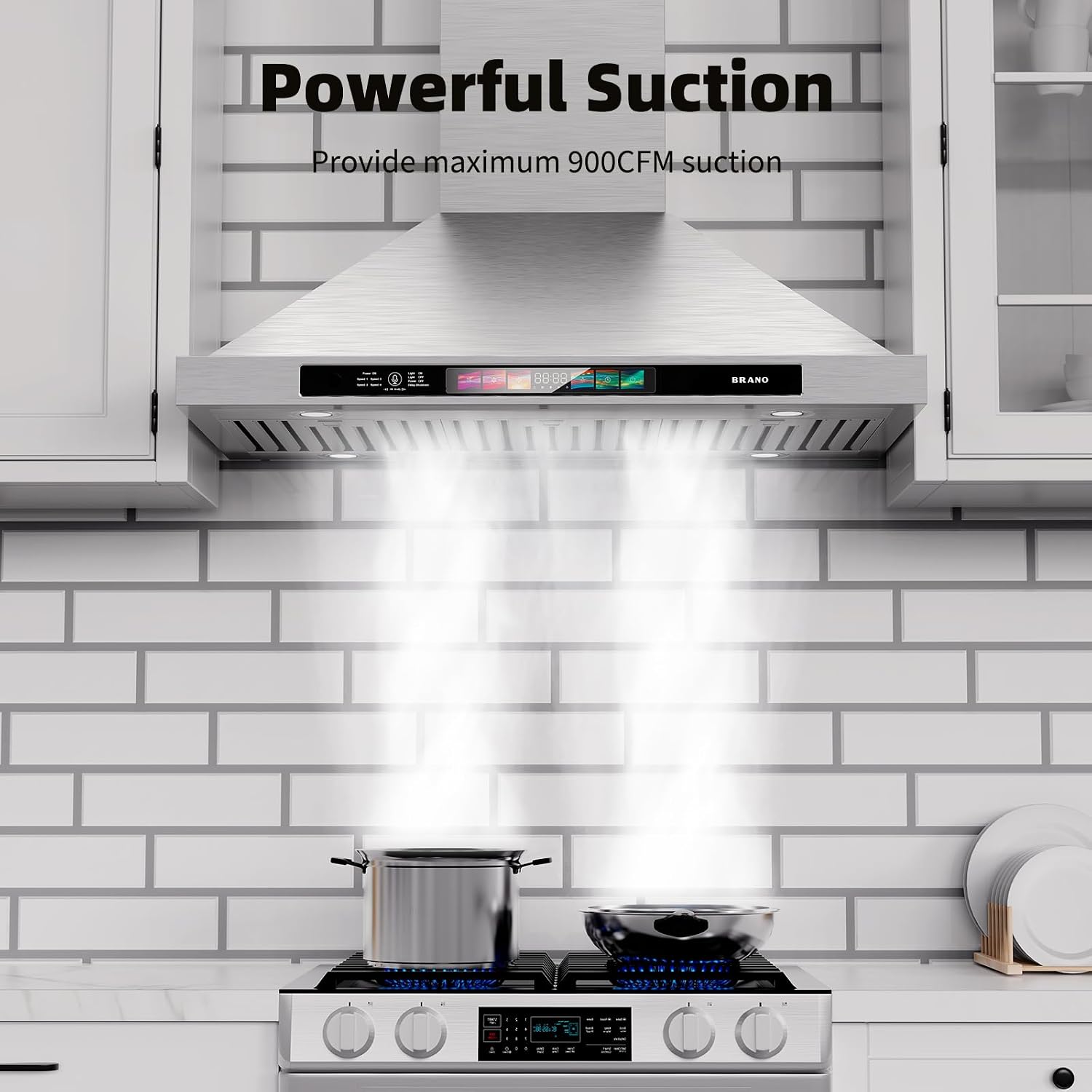 Detalle de BRANO TW03S-30 30-Inch Wall-Mount Range Hood, 900 CFM, Smart Controls