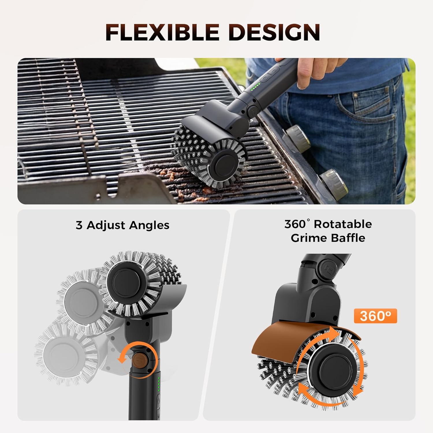 Detalle de Leebein cordless electric grill brush with 3-speed rotating heads and 150-minute runtime