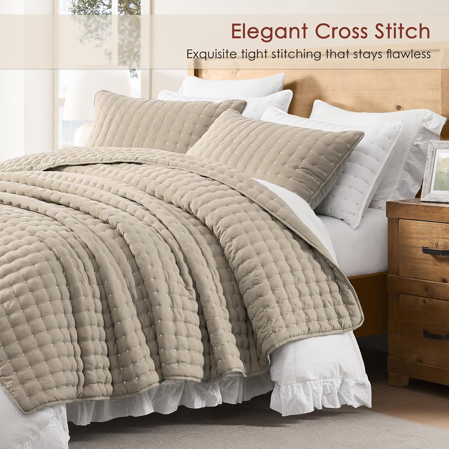Thumbnail 1 de WDCOZY Beige California King Quilt Bedding Set with Pillow Shams (3 Pieces)