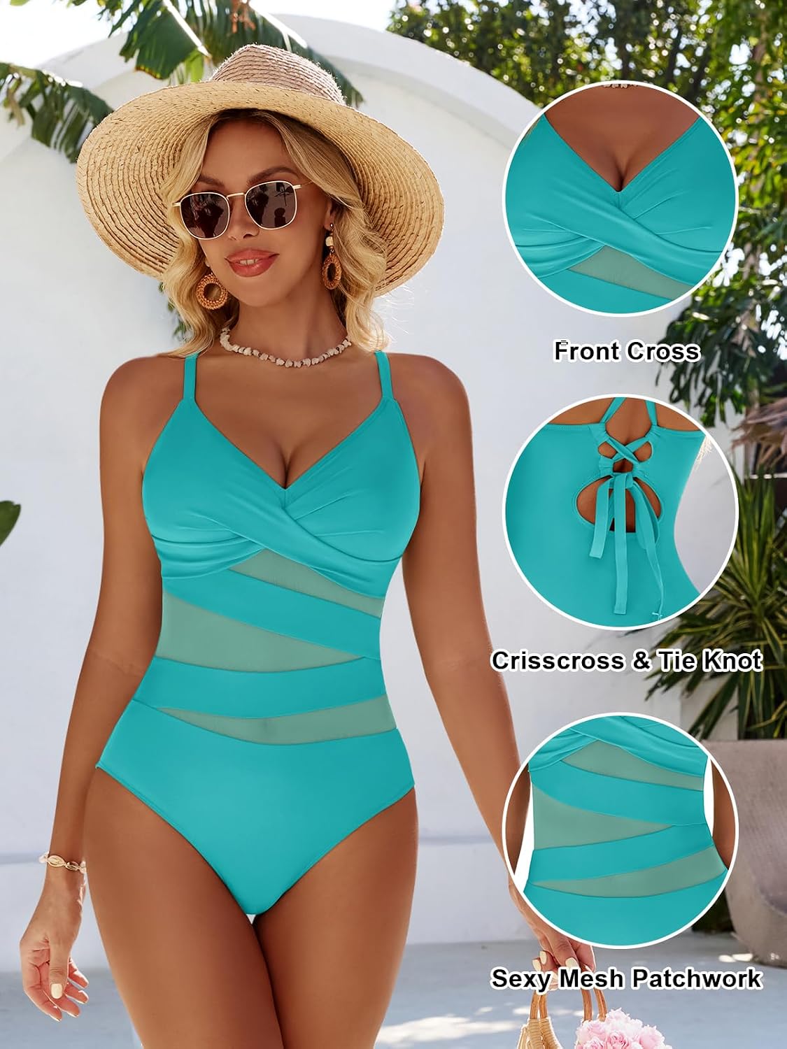 Thumbnail 3 de Dridreo Women's Sexy Mesh Tummy Control Swimsuits V Neck Push Up One Piece Bathing Suit
