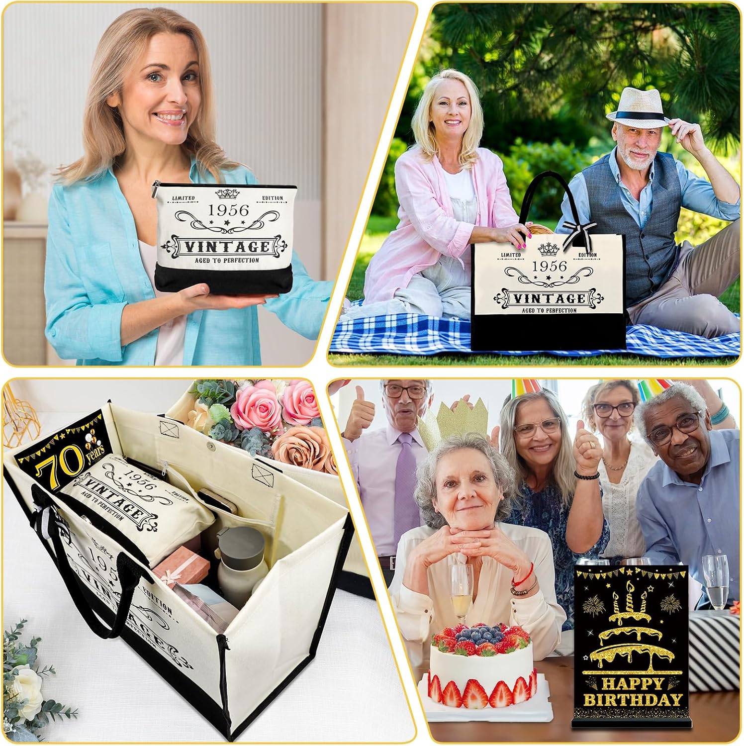 Detalle de 70. Geburtstagsgeschenke für Frauen – Leinwand Tote Bag Set mit Kosmetiktasche und Poster „Back in 1956“