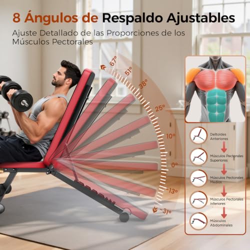 Detalle de Banco de pesas regulable FLYBIRD para gimnasio en casa, 8 posiciones y 300 kg