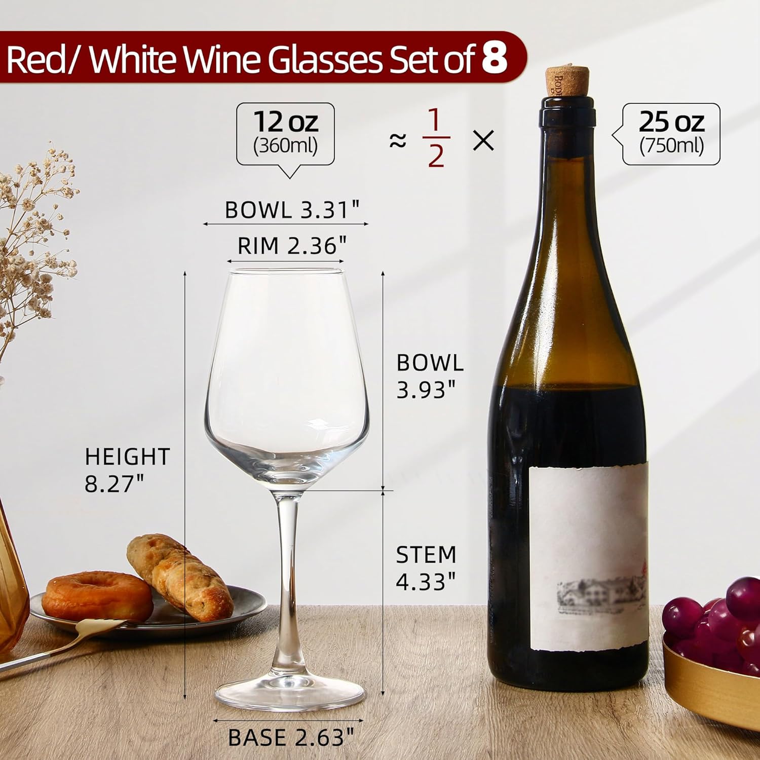 Detalle 2 de SHYRC Wine Glasses Set 12 oz clear stemware 🍷