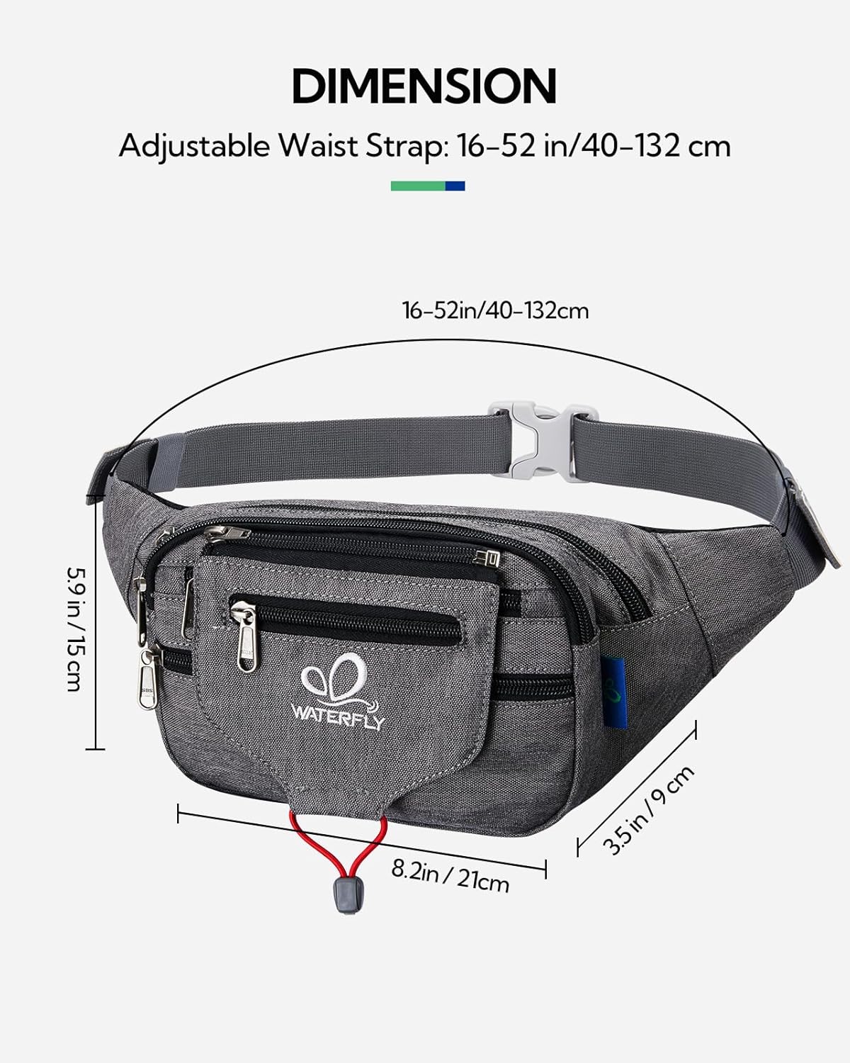 Thumbnail 2 de WATERFLY Bauchtasche Gürteltasche – Unisex, 5 Reißverschlussfächer, verstellbarer Gürtel, 39×19×9 cm