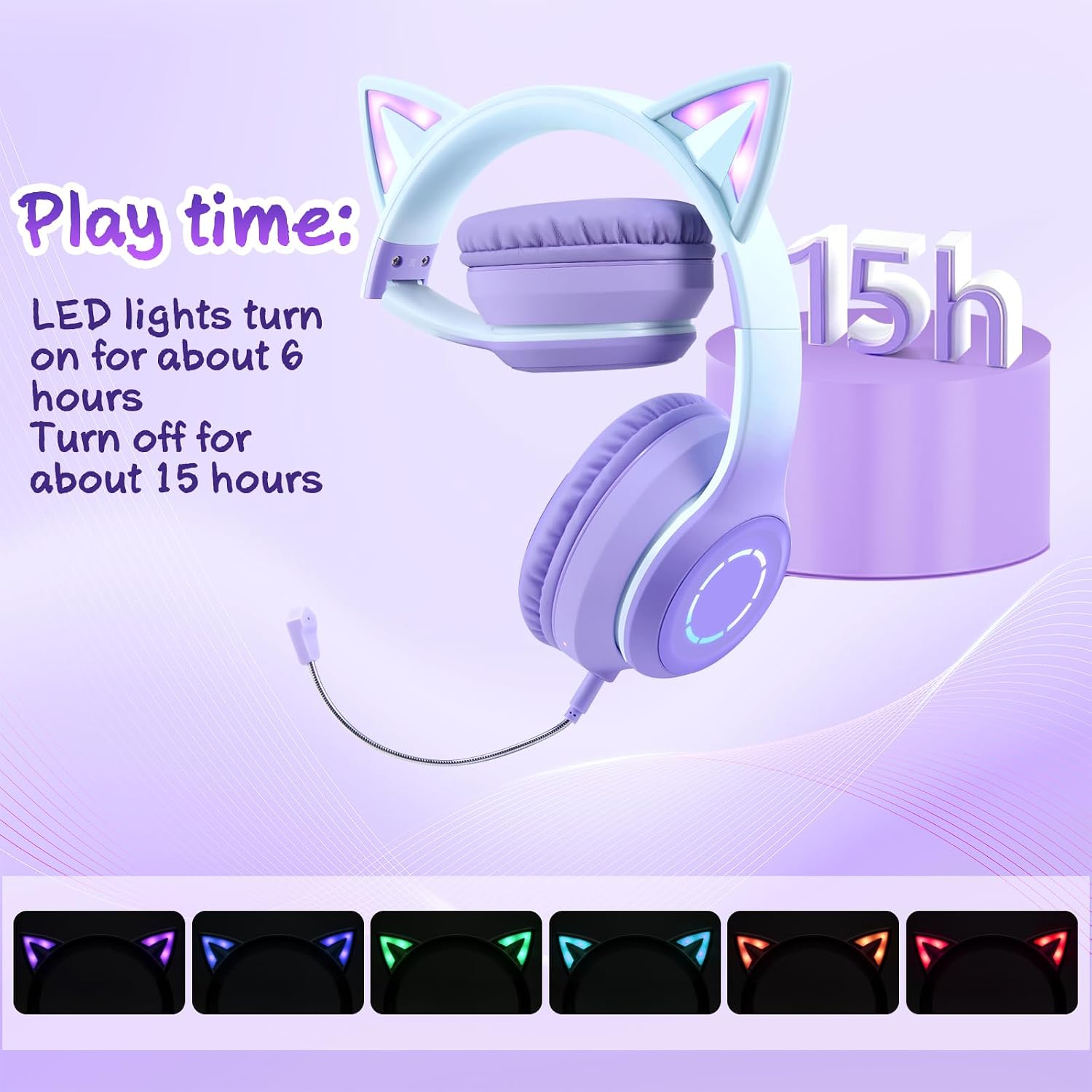 Detalle de Sendowtek Casque sans Fil pour Enfant avec Microphone Intégré et LED RGB — Bluetooth 5.1 Violet