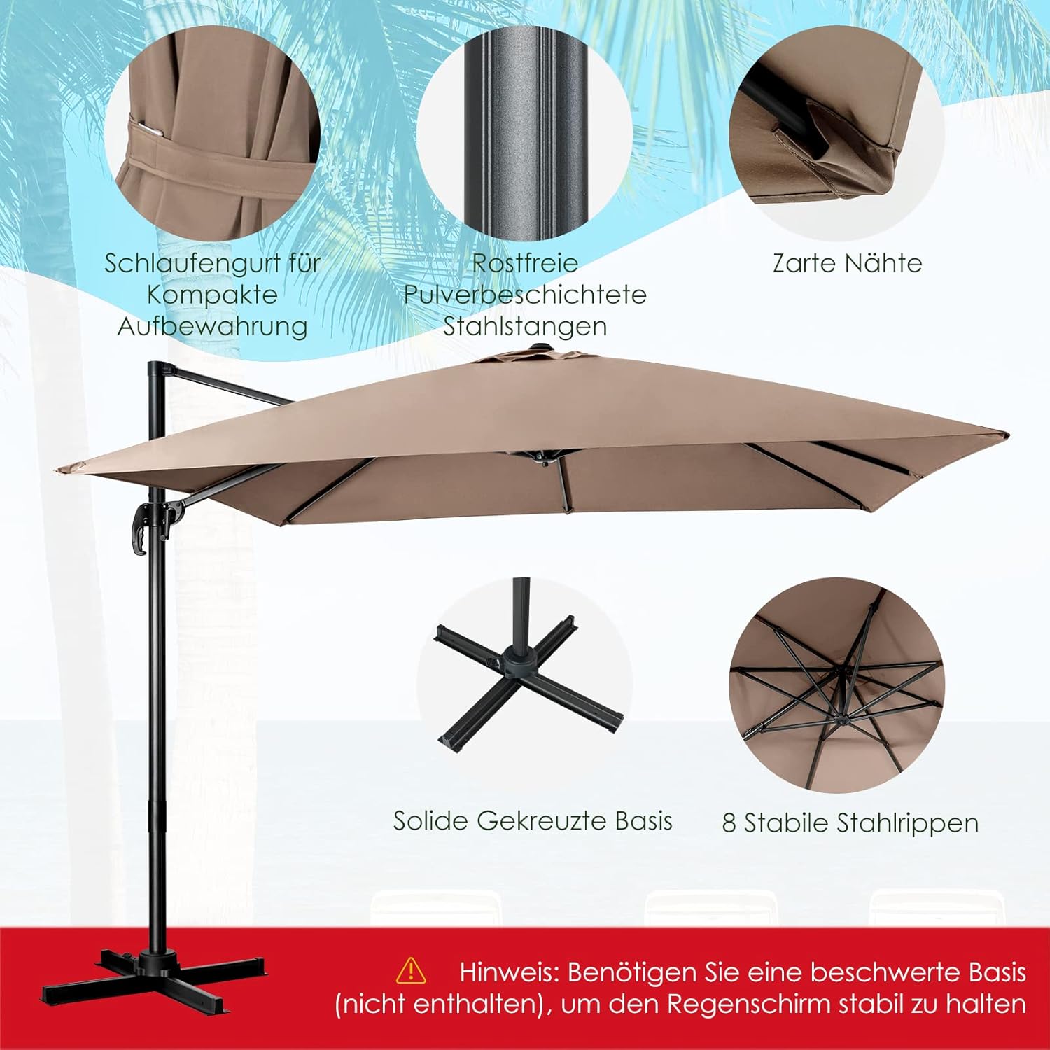 Thumbnail 6 de COSTWAY Sonnenschirm 300 x 300 cm quadratisch – Ampelschirm mit Kurbel, 360° drehbar, braun