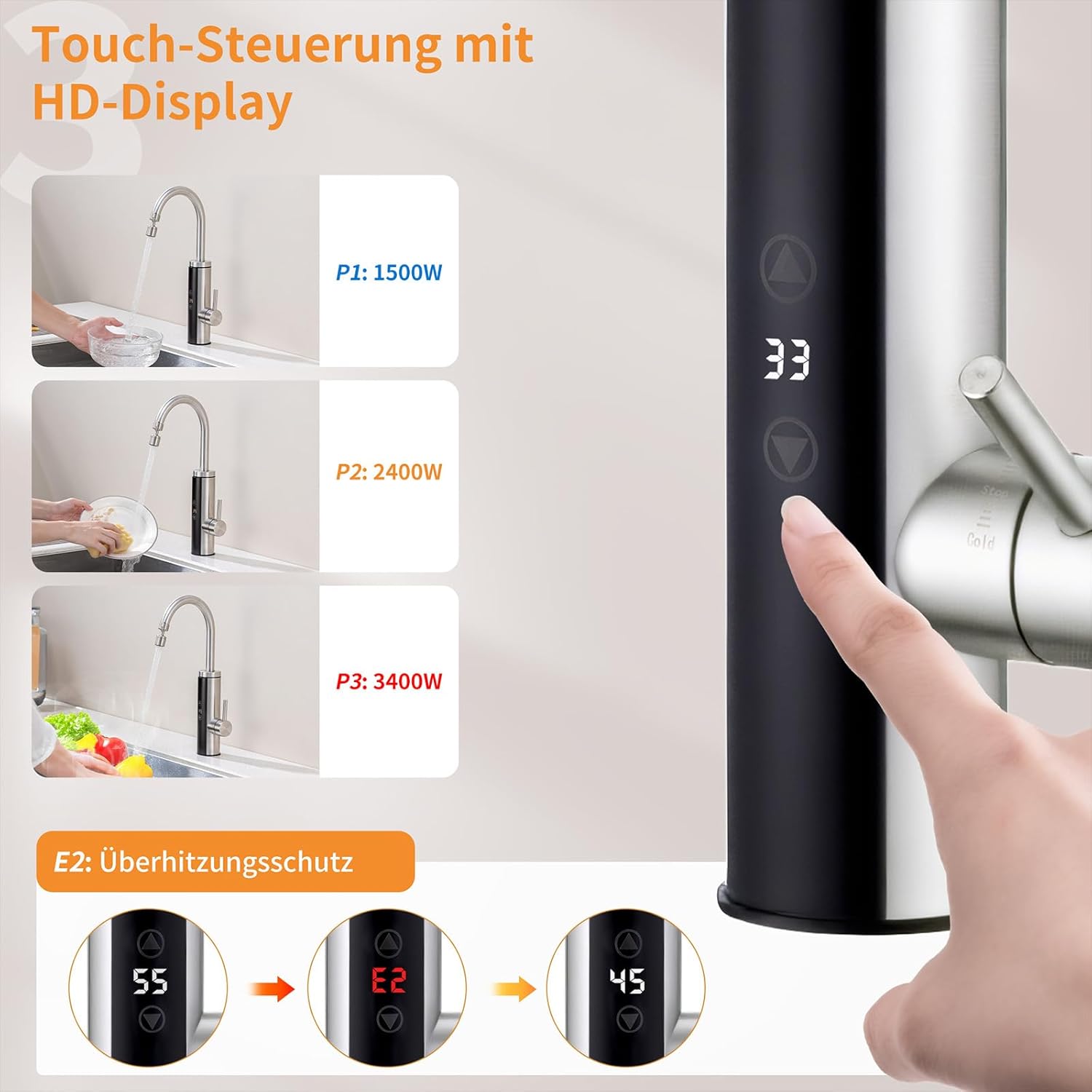Thumbnail 1 de HOMELODY Elektrischer Wasserhahn mit Durchlauferhitzer (230V) und Touch-Temperaturregler für Küche, Garten & Camping