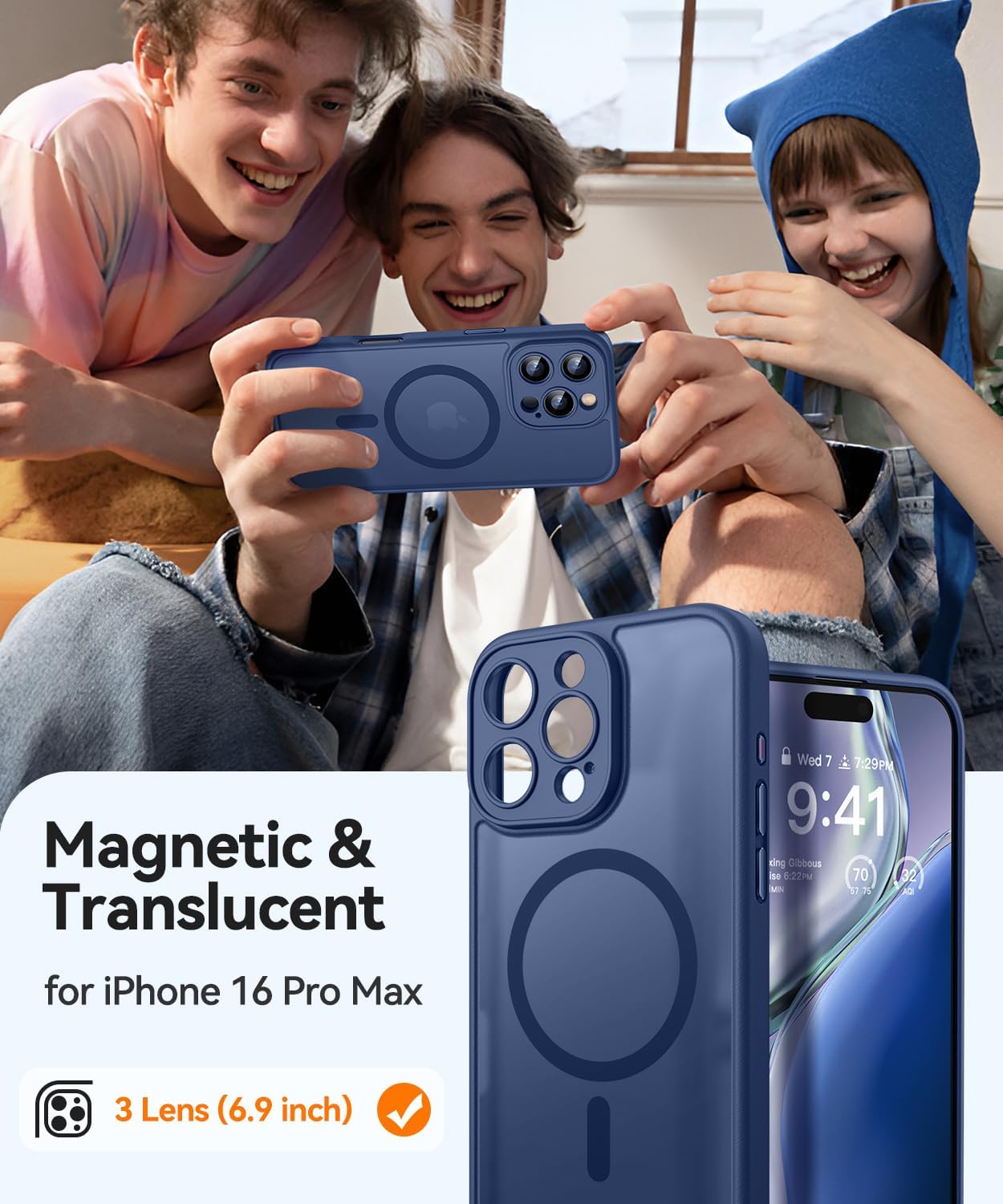 Thumbnail 1 de CANSHN Coque Magnétique pour iPhone 16 Pro Max (6,9”) – Protection caméra, MagSafe, Bleu Foncé