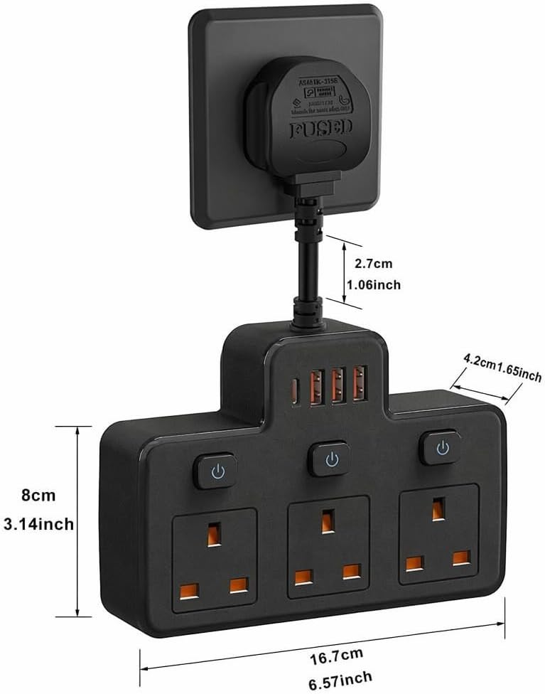 Thumbnail 6 de Multi Plug Extension with Flexible Plug (3 Way, 3 USB, Individual Switched, Black)