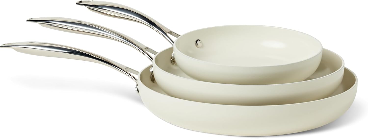 Amazon Basics Padelle Antiaderenti in Ceramica, Set 3 Pezzi (20/26/30 cm) — Avorio