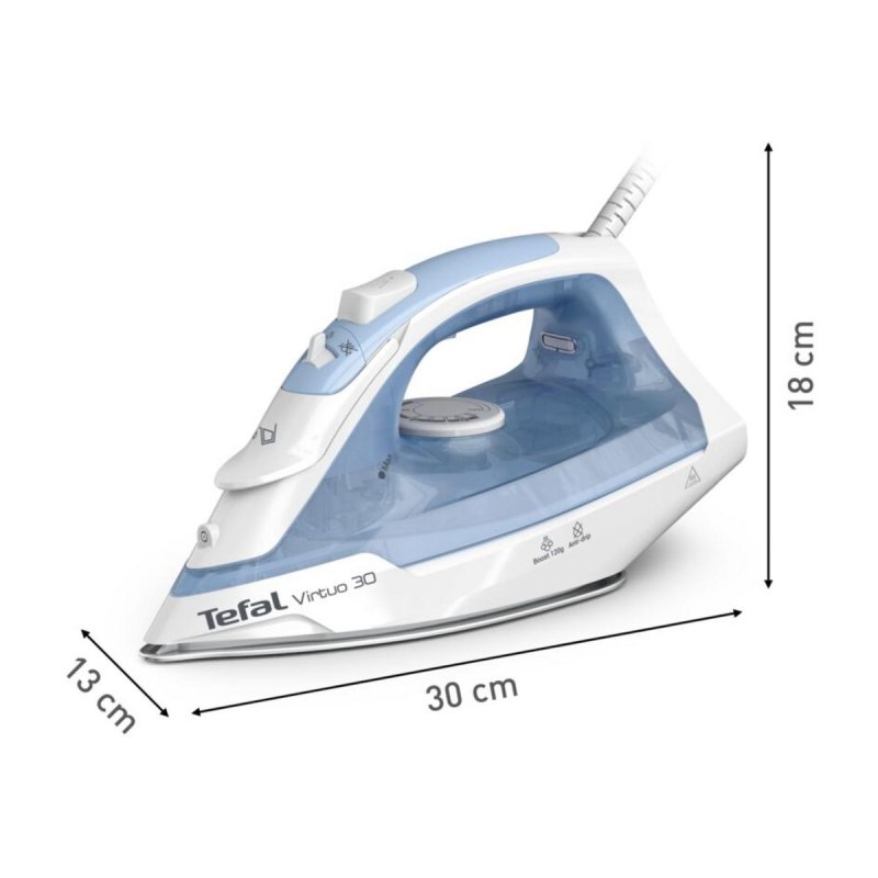 Detalle de Plancha Tefal Virtuo 30 FV2C41E0 con suela cerámica, 2000 W, vapor continuo 27 g/min