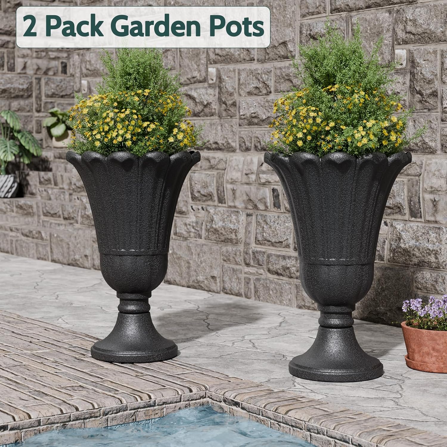 Detalle de Trygoal Tall HDPE Urn Planters, 23.62-Inch Black Petal Set of 2