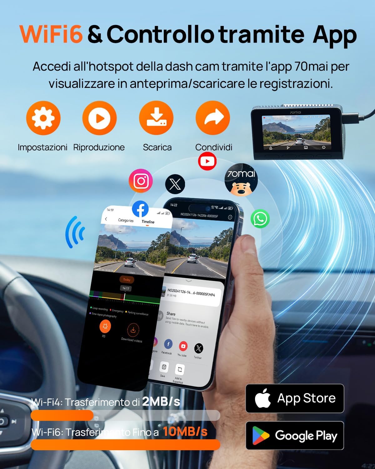 Thumbnail 6 de 70mai A800SE Dashcam 4K+1080P GPS WiFi, doppia telecamera anteriore/retrocamera con schermo 3" e ADAS
