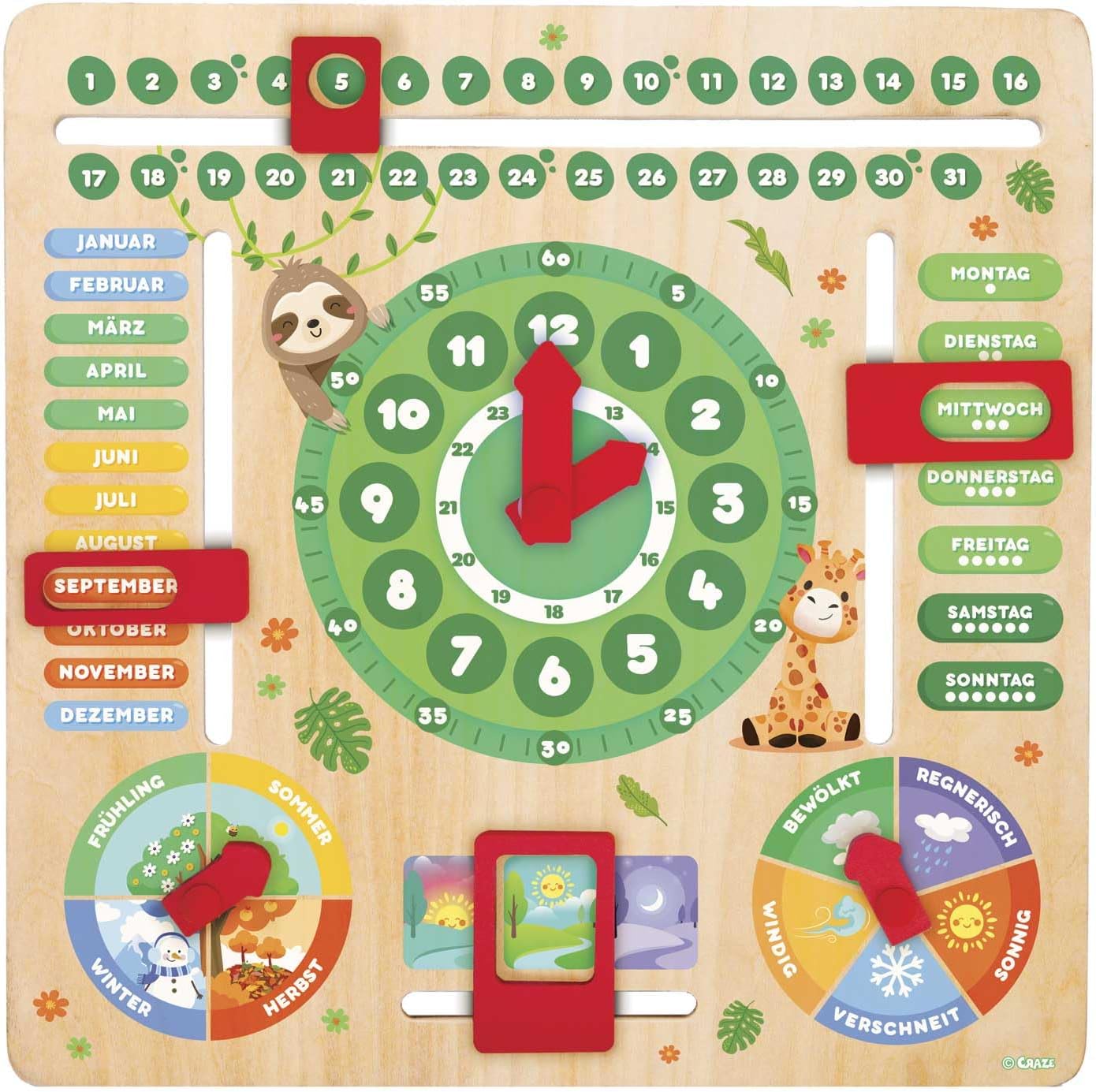 Detalle de CRAZE My Learning Clock Animals – Lernuhr aus Holz, grün, Lernhilfe für Kinder inkl. abnehmbarem Ständer