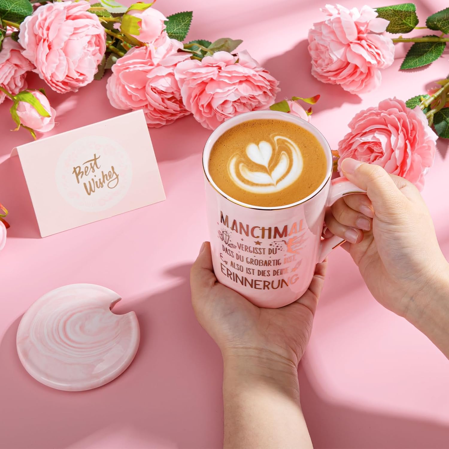 Thumbnail 3 de Dankeschön Geschenke für Frauen – Rosa Marmorkaffeetasse 400ml mit Golddruck, Deckel, Löffel und Geschenkbox