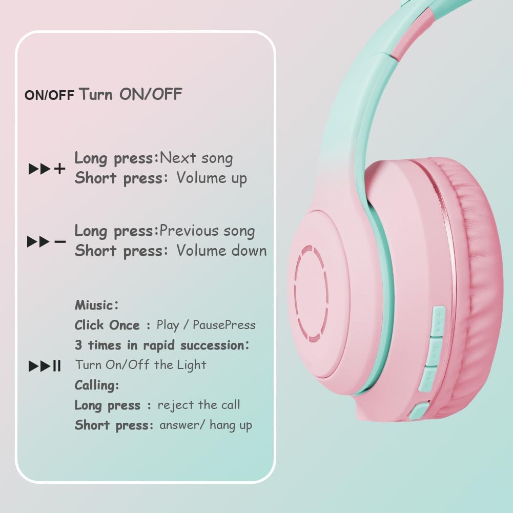 Detalle 2 de AXFEE Bluetooth-Kinder-Kopfhörer mit Katzenohren – kabelgebunden oder Bluetooth, 105 dB Schutz, LED-Beleuchtung, faltbar