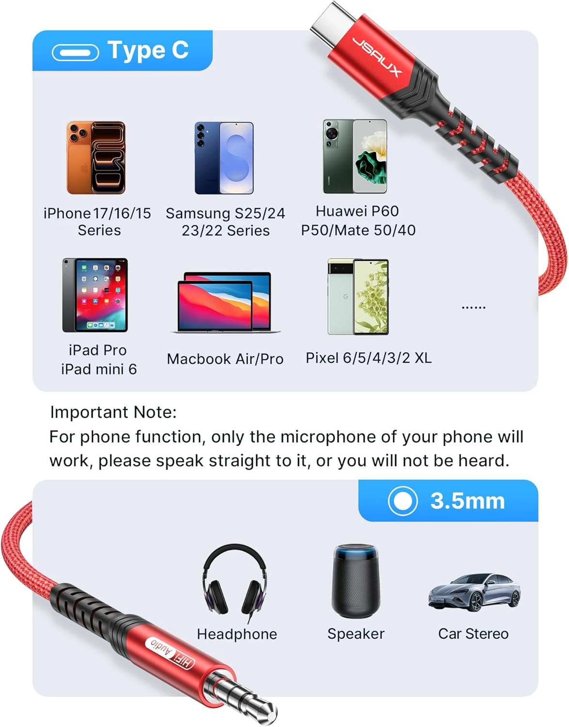 Detalle 1 de JSAUX Câble USB‑C 3,5 mm 48 kHz