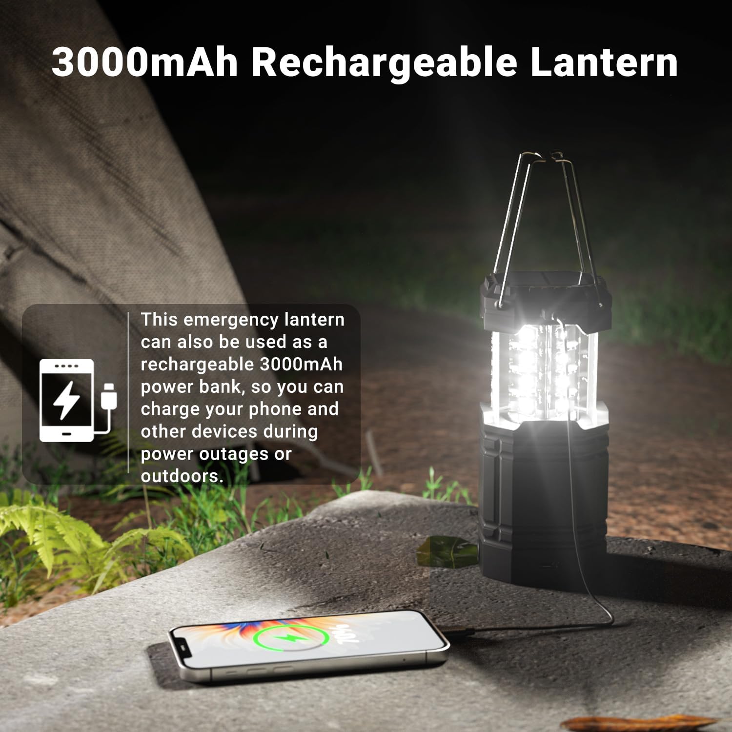 Detalle de LED Campinglampe Solar – 3-in-1 Notfall- und Outdoor-Beleuchtung, IPX4, 3000mAh Akku
