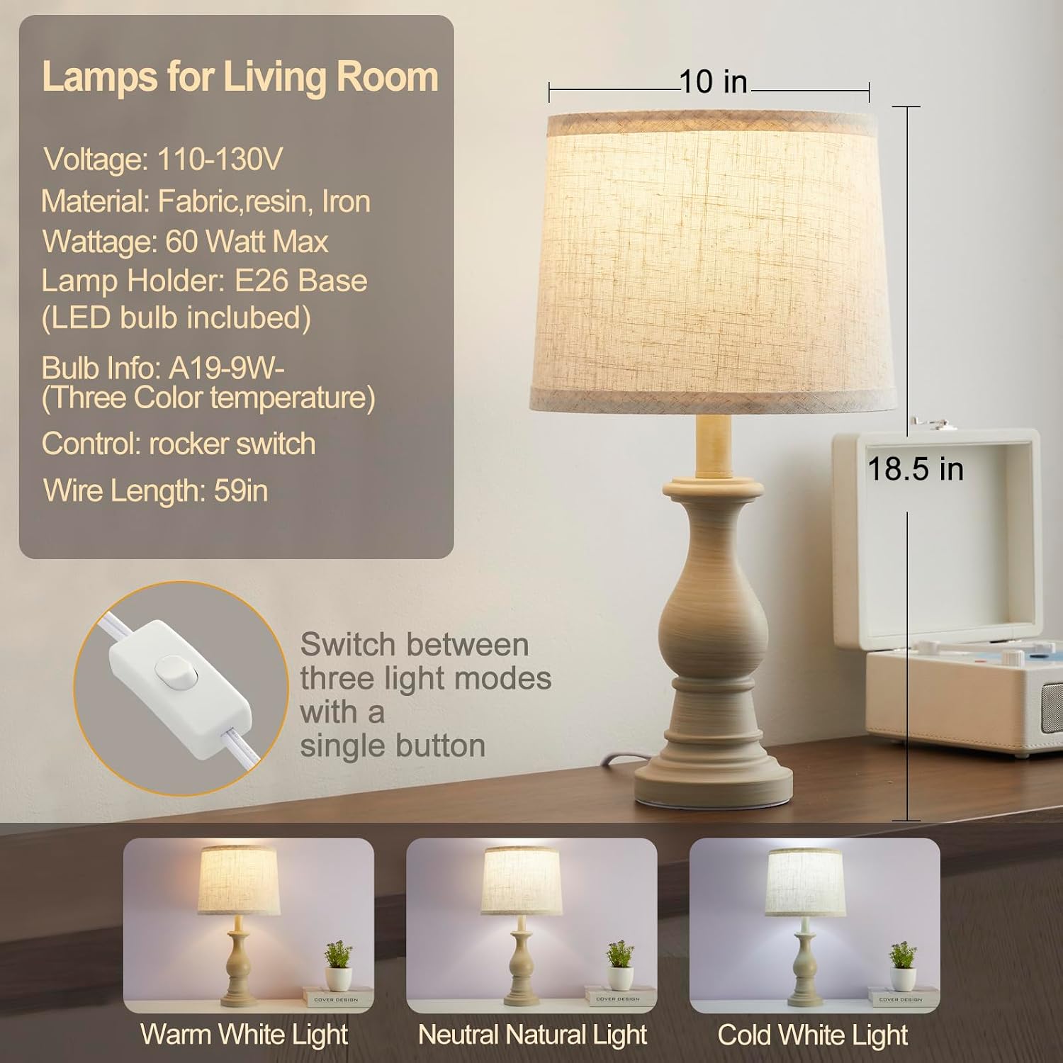 Thumbnail 1 de Hikczc H-2T-137-C Table Lamps, Set of 2, Linen Shades, 3 Colour Temperatures