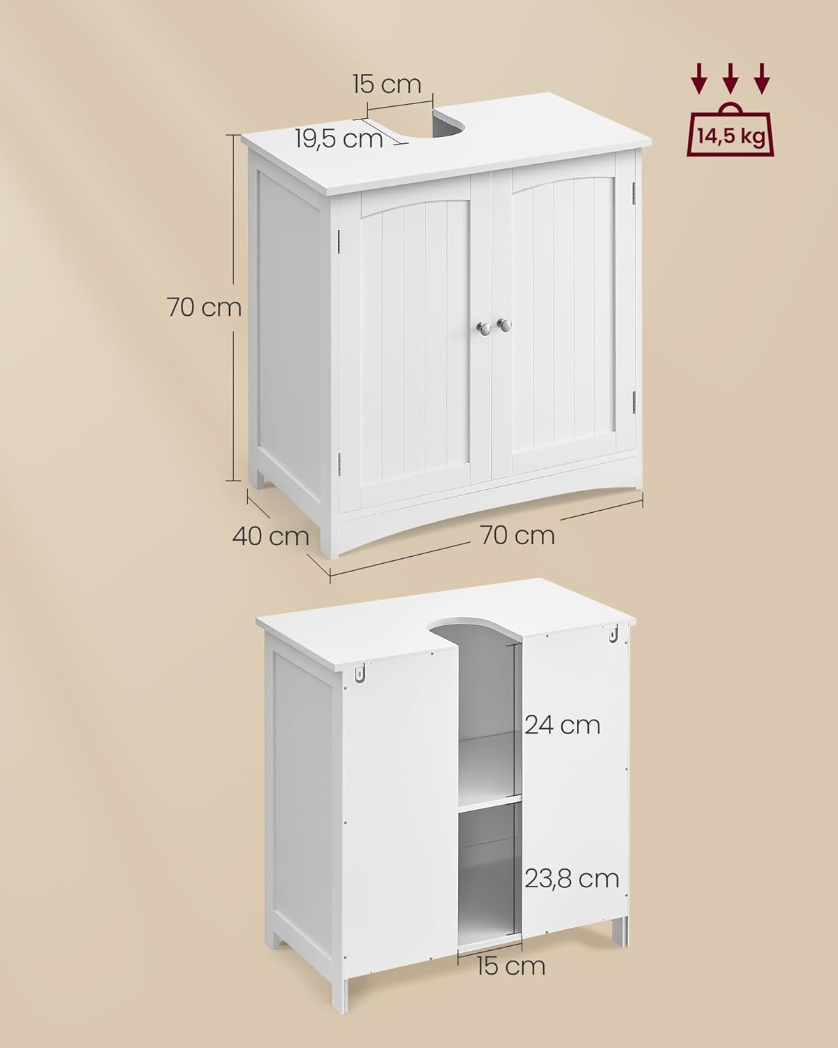 Detalle de VASAGLE Mobile Sottolavabo BBC011W01: Mobiletto da Bagno con 2 Ante e Ripiano Regolabile, 40 x 70 x 70 cm, Bianco Nuvola