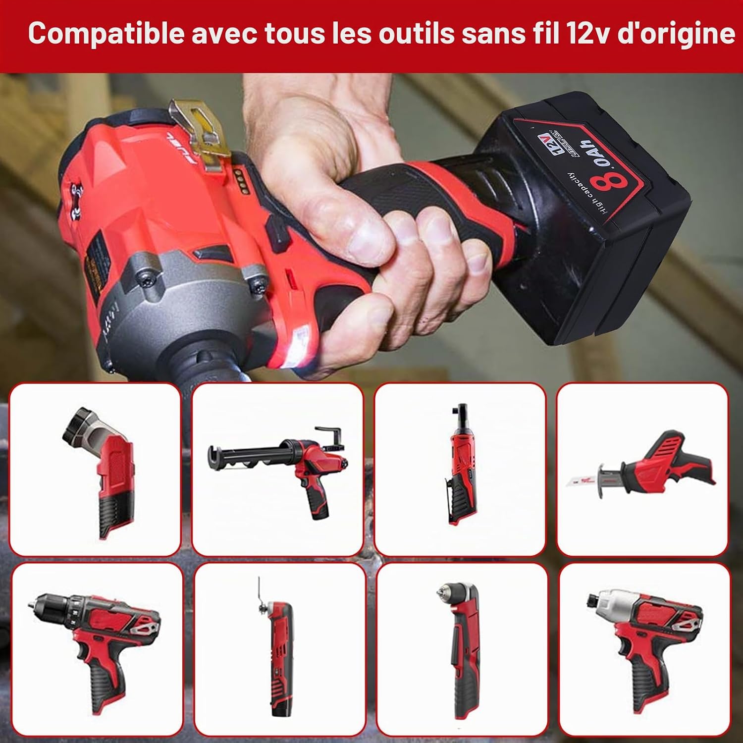 Detalle de Powarobor 2 Pack M12 12V 8.0Ah Li-Ion – Batterie de remplacement compatible Milwaukee 12V