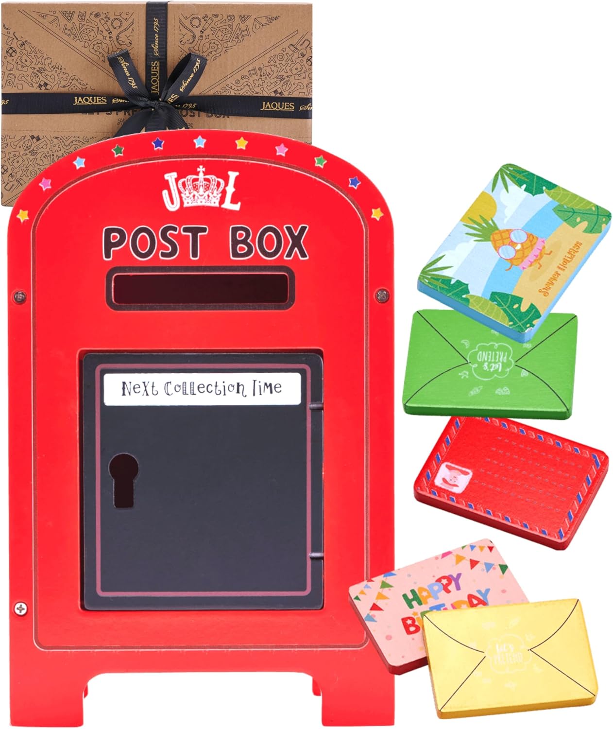 Jaques of London Wooden Post Box Toy – Classic post office playset with envelopes & blackboard (2+ years)
