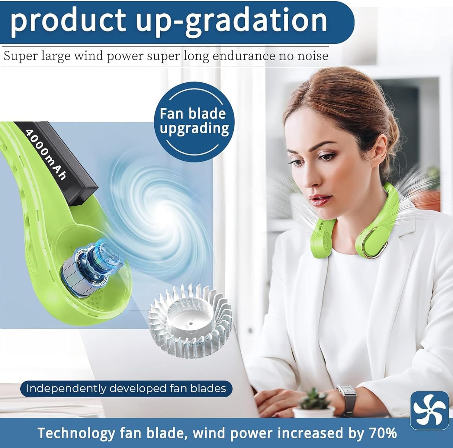 Detalle de ASNUG Neck Fan: Bladeless, USB-Rechargeable Personal Fan with 4000mAh Battery