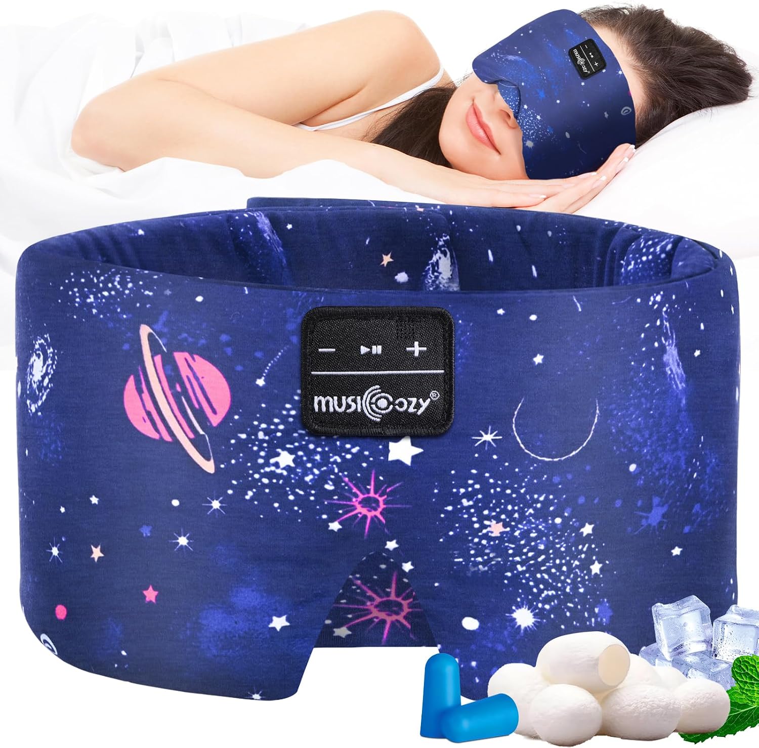 Detalle de Schlafmaske mit Bluetooth-Kopfhörern von Musicozy – 100% Verdunkelung, Seide & 360° Klang