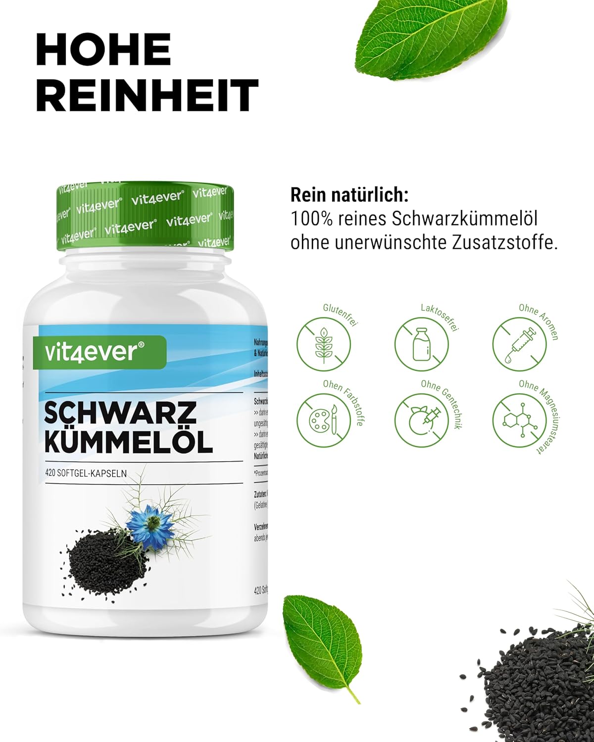 Detalle de vit4ever Schwarzkümmelöl – 420 Kapseln (Ägyptisch, naturbelassen & kaltgepresst)