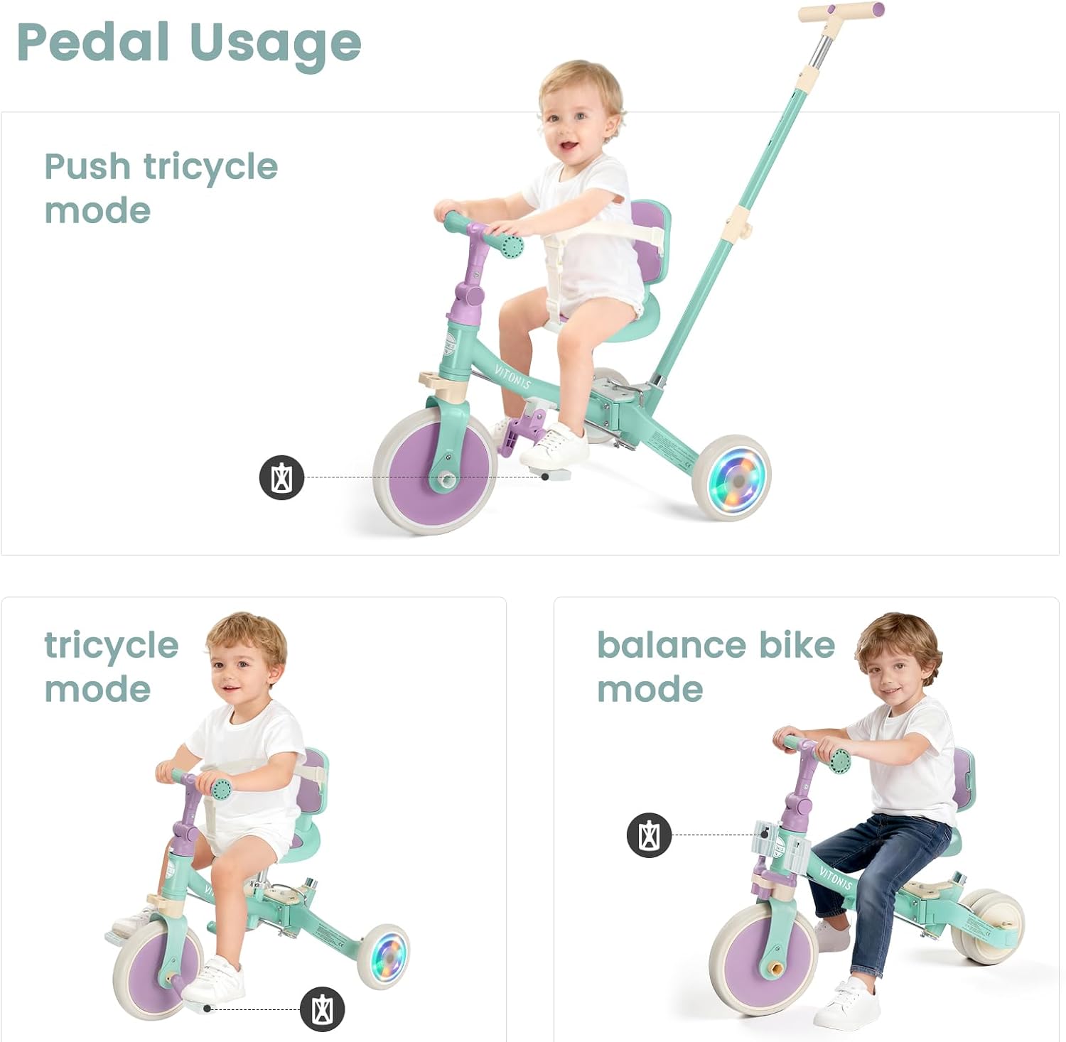 Detalle de VITONIS Triciclo 5 in 1 verde con ruote lampeggianti e cintura di sicurezza (18 mesi–5 anni)