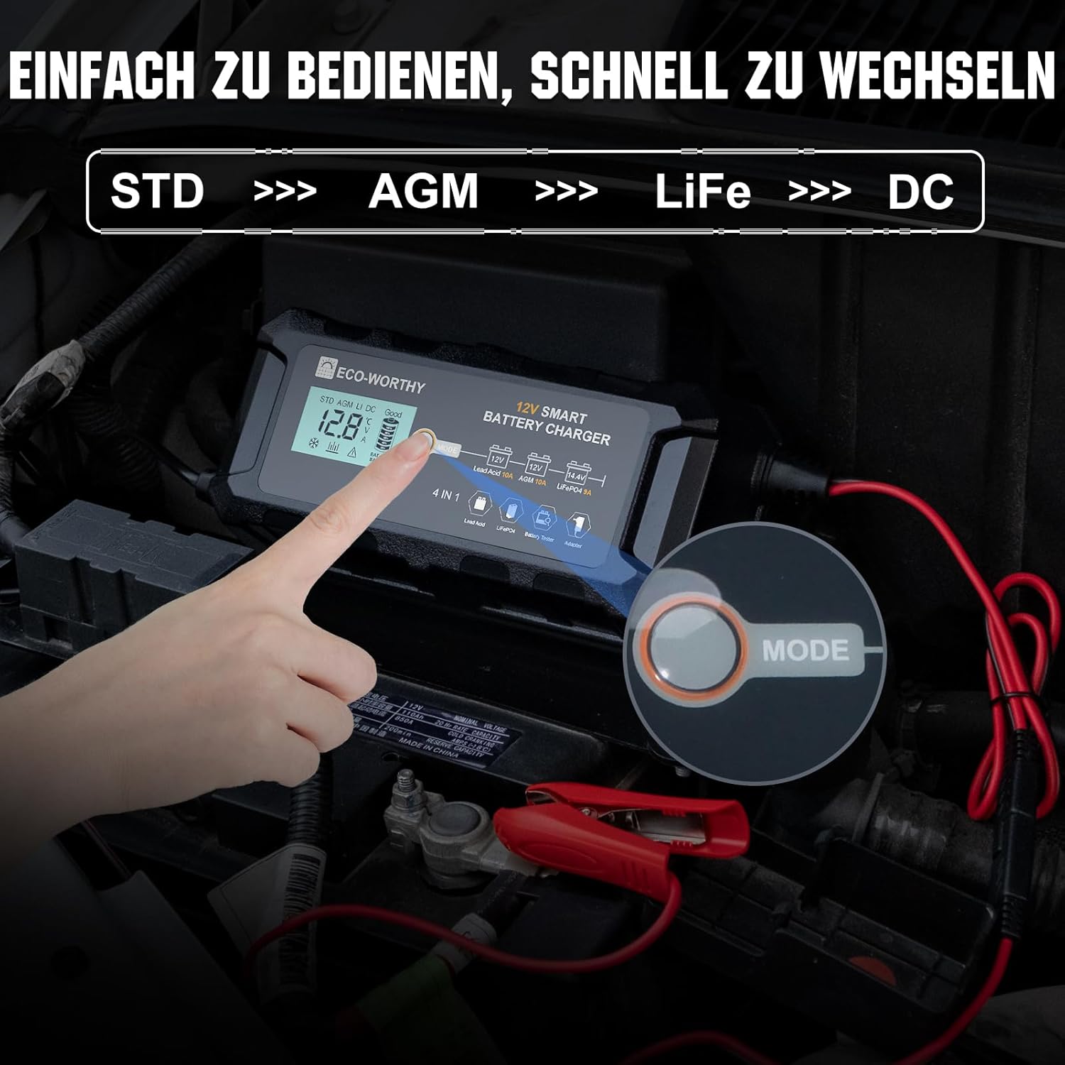 Thumbnail 1 de ECO-WORTHY 10A Autobatterie-Ladegerät für 12 V LiFePO4 & Blei-Säure (Erhaltungslader, Aktivierung)
