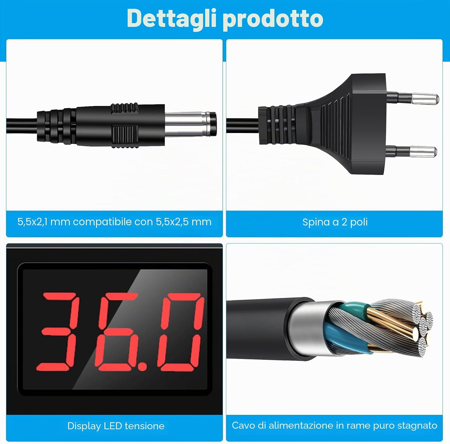 Detalle de Adattatore di alimentazione regolabile DC 3V–36V 72W con 14 spunte: versatilità e protezione per elettronica domestica