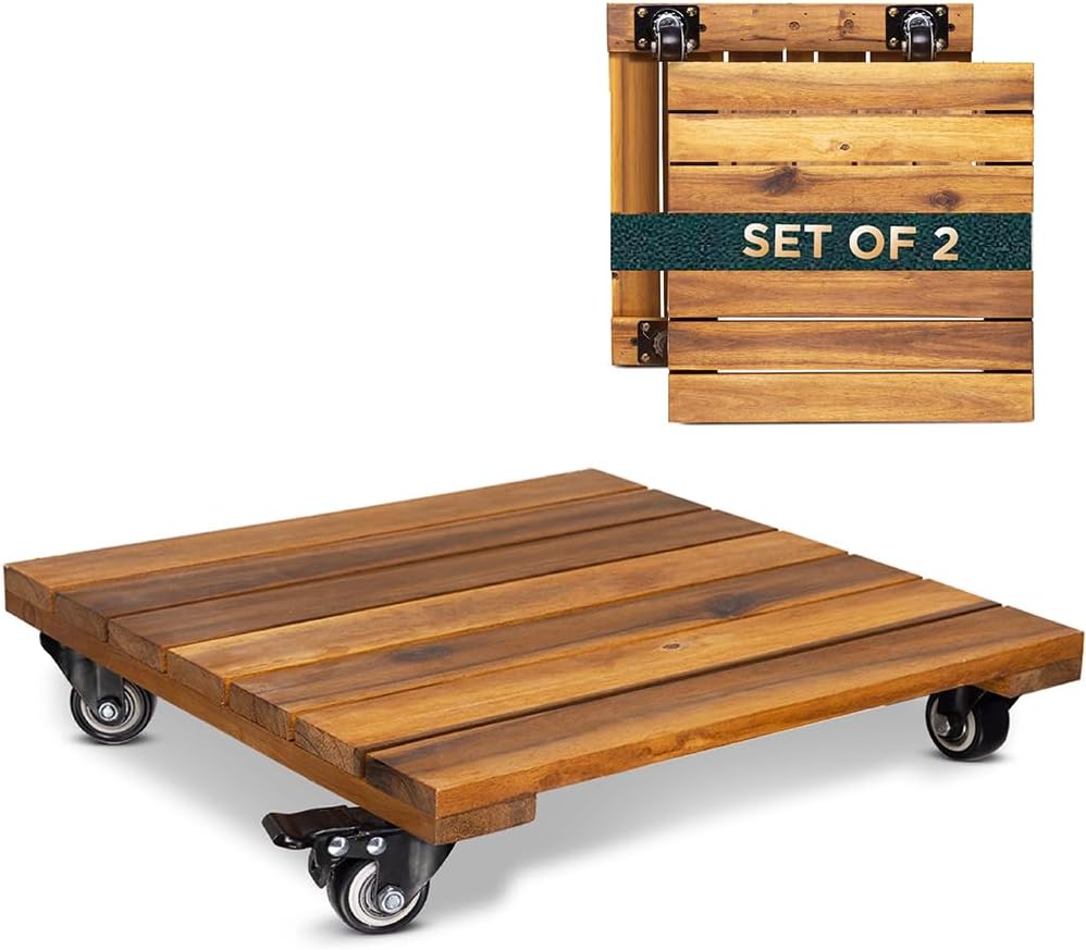 Detalle de IDZO 14-Inch Acacia Wood Plant Caddy, 2-Pack with Lockable 360° Wheels
