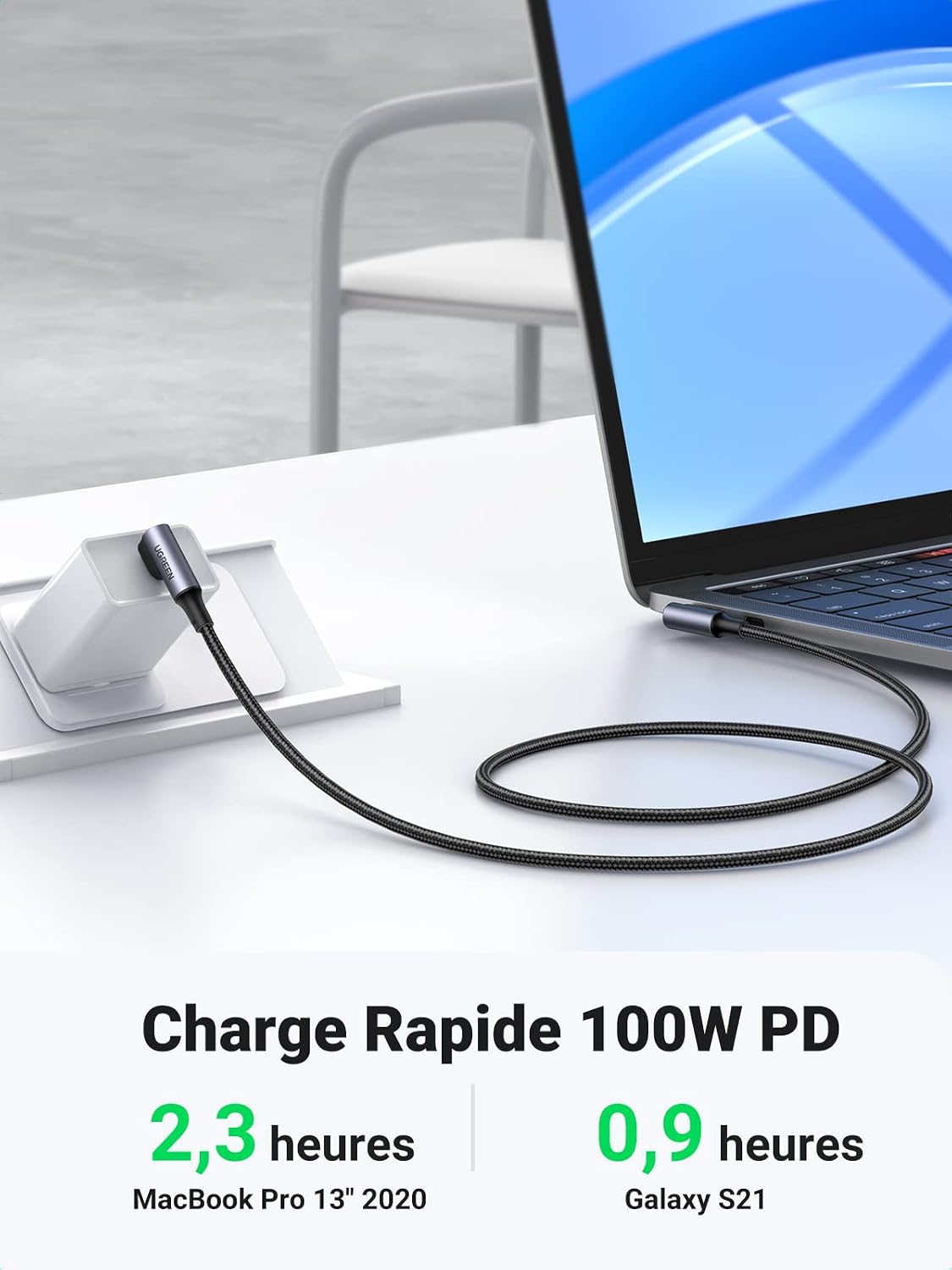 Thumbnail 2 de UGREEN 100W USB-C-naar-USB-C-kabel van 1 m met haakse stekkers en nylonmantel