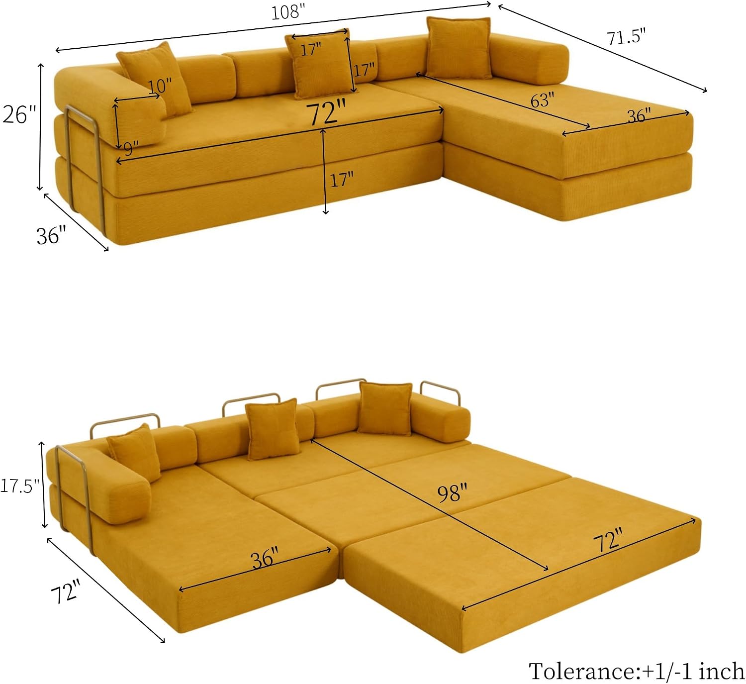 Detalle 2 de HANXIN SF-616 Convertible Sofa Bed, 108-Inch Yellow Corduroy Sectional