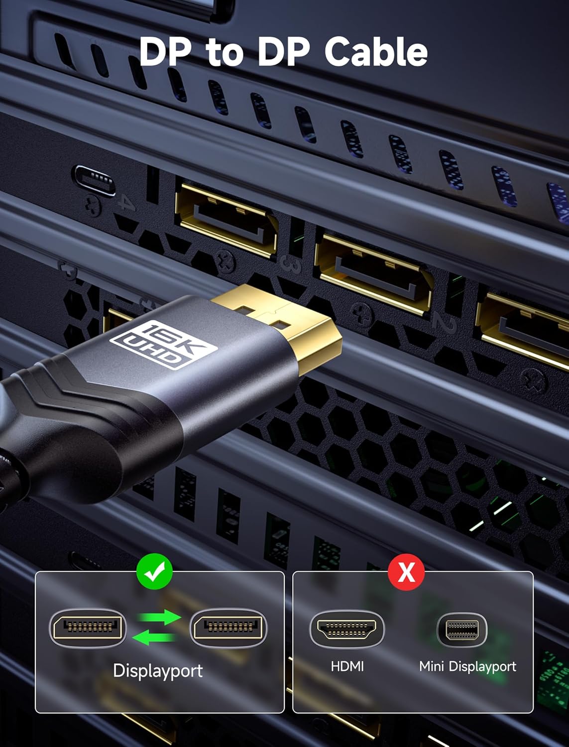 Thumbnail 6 de JSAUX DisplayPort 2.1 Cable 10ft — 80Gbps 🔌