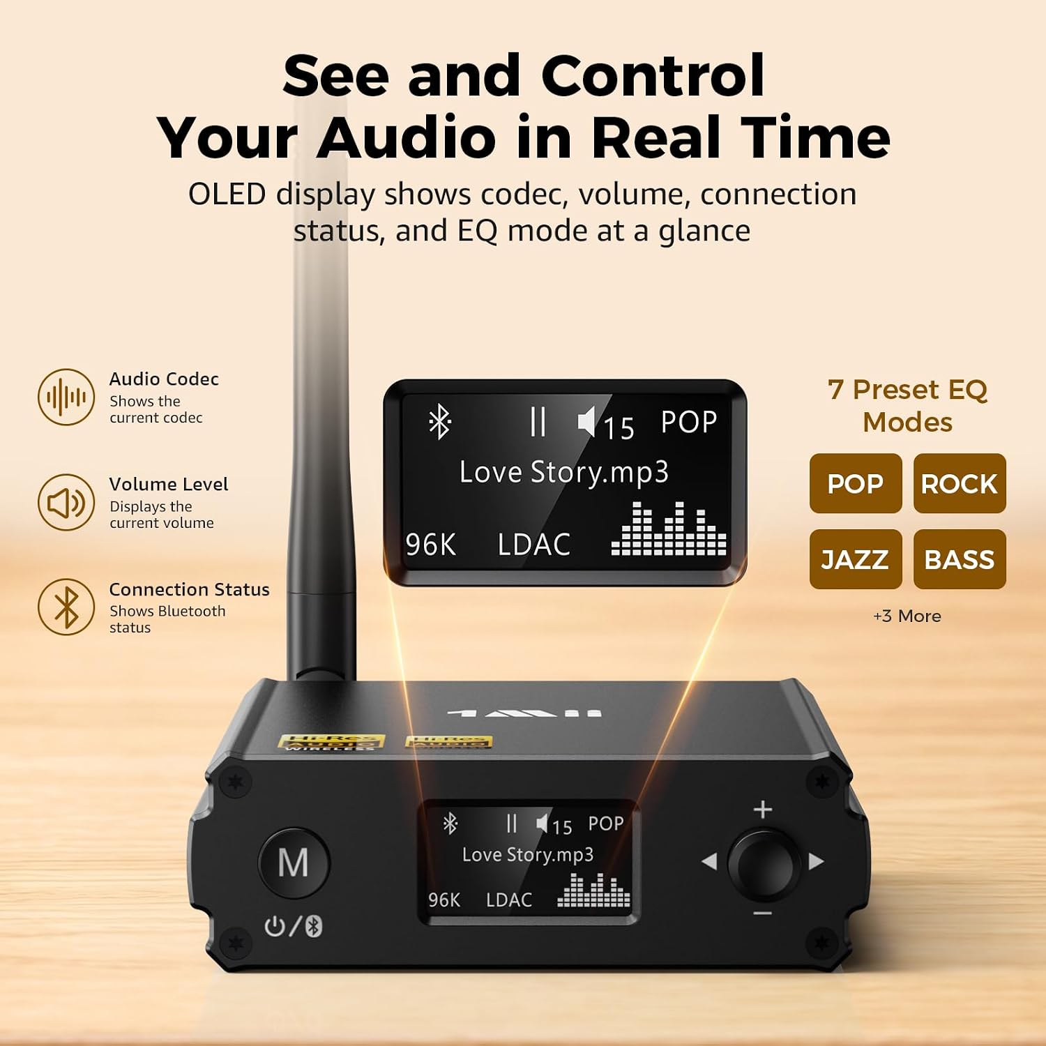 Thumbnail 5 de 1Mii DS220 HiFi Bluetooth 5.3 Receiver with LDAC, aptX HD and OLED Display