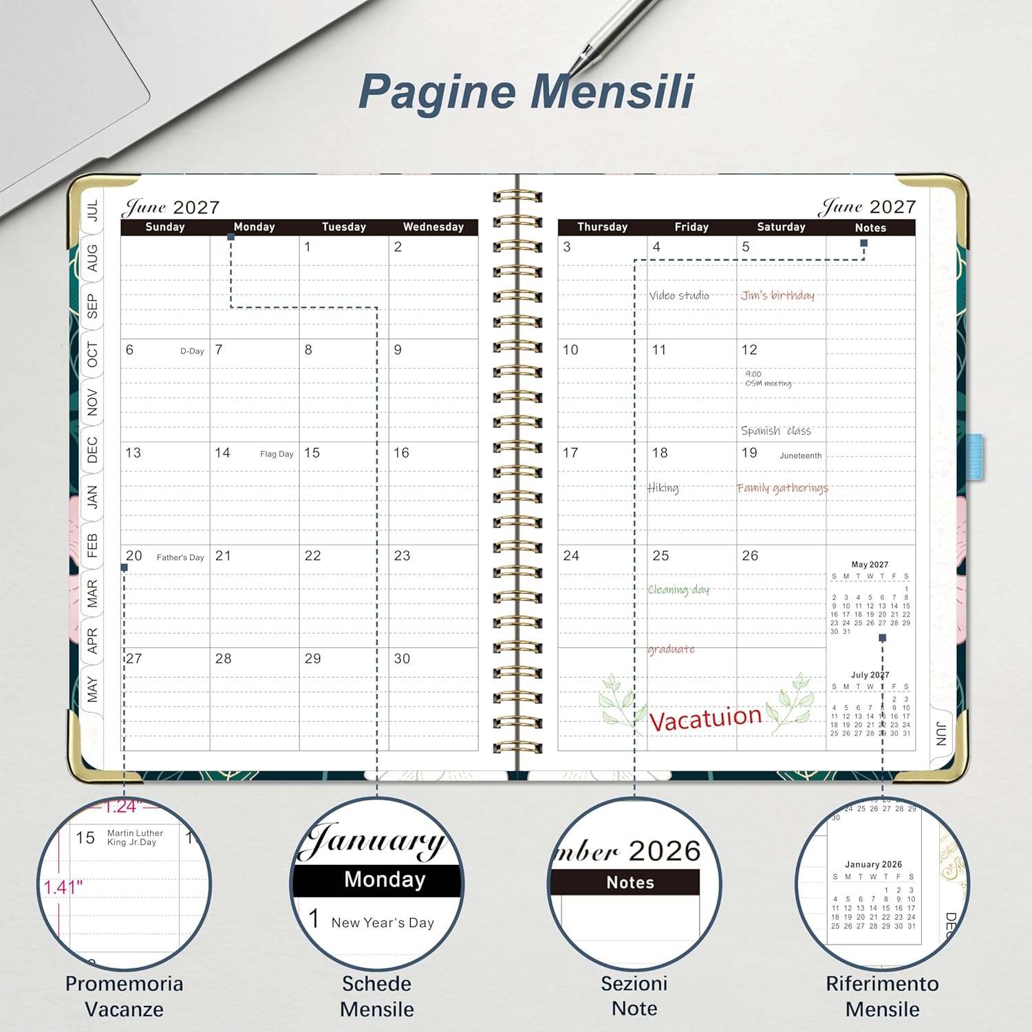 Detalle de Gumiho Agenda Settimanale 2026‑2027 – A5 Spirale con Penna, Segnalibro e Righello