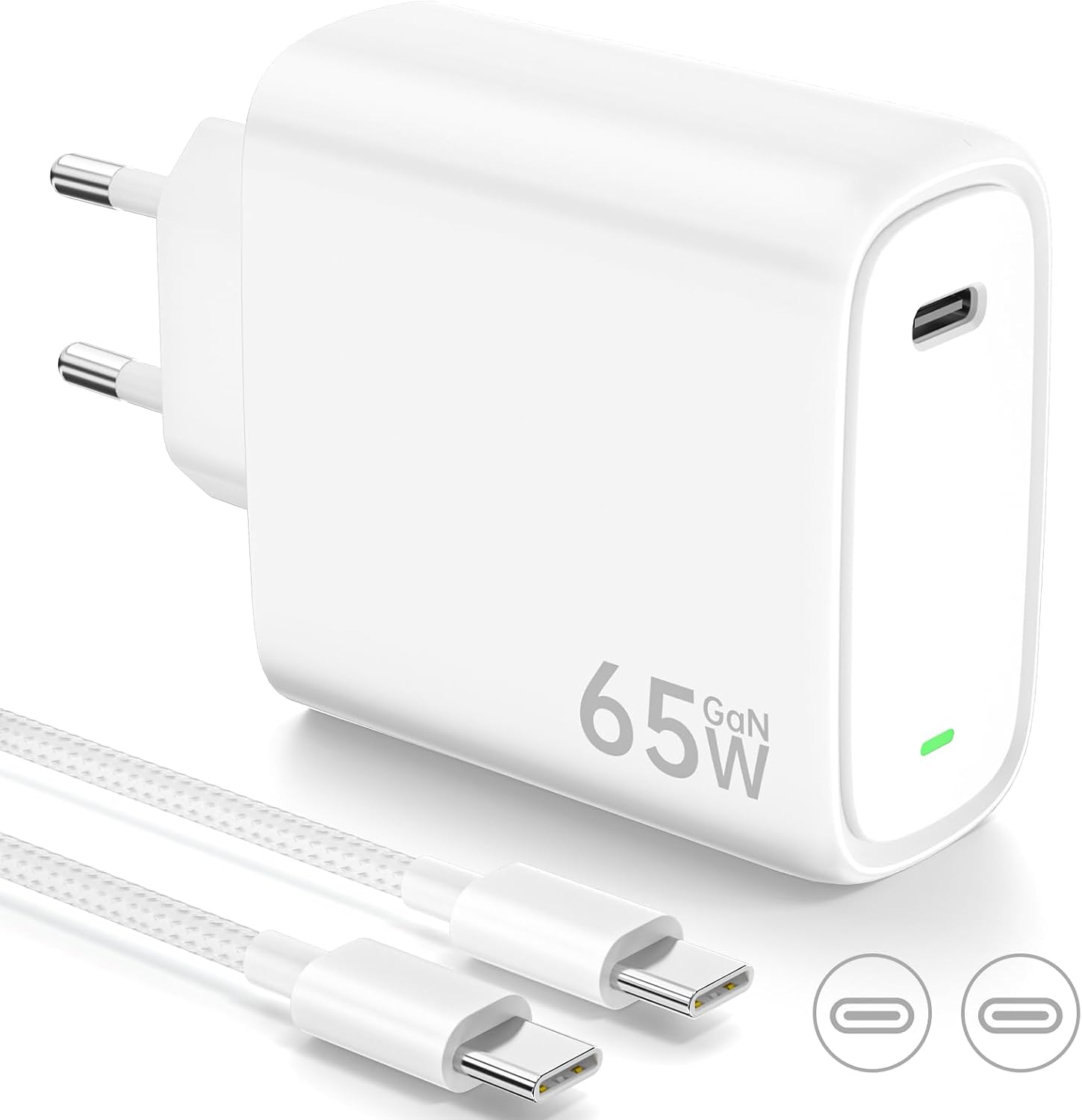 Detalle de Chargeur USB-C 65W Kndaa avec GaN II, PD3.0 et PPS — câble USB-C 2 m – Blanc