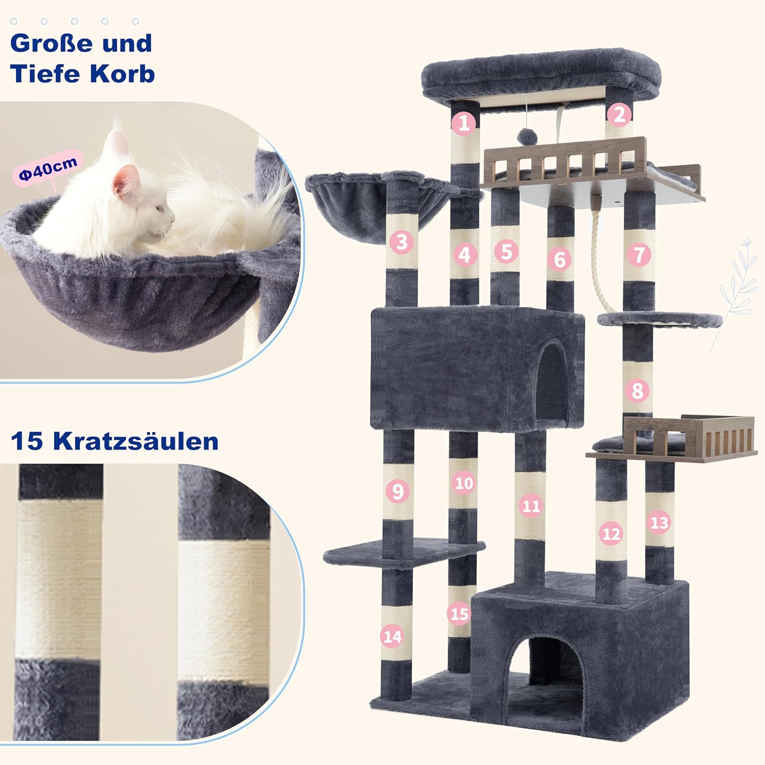 Thumbnail 5 de Gitelsnour Kratzbaum groß 174 cm (Rauchgrau) mit Hängematte, 2 Sitzstangen und 15 Kratzstangen – GCT033G