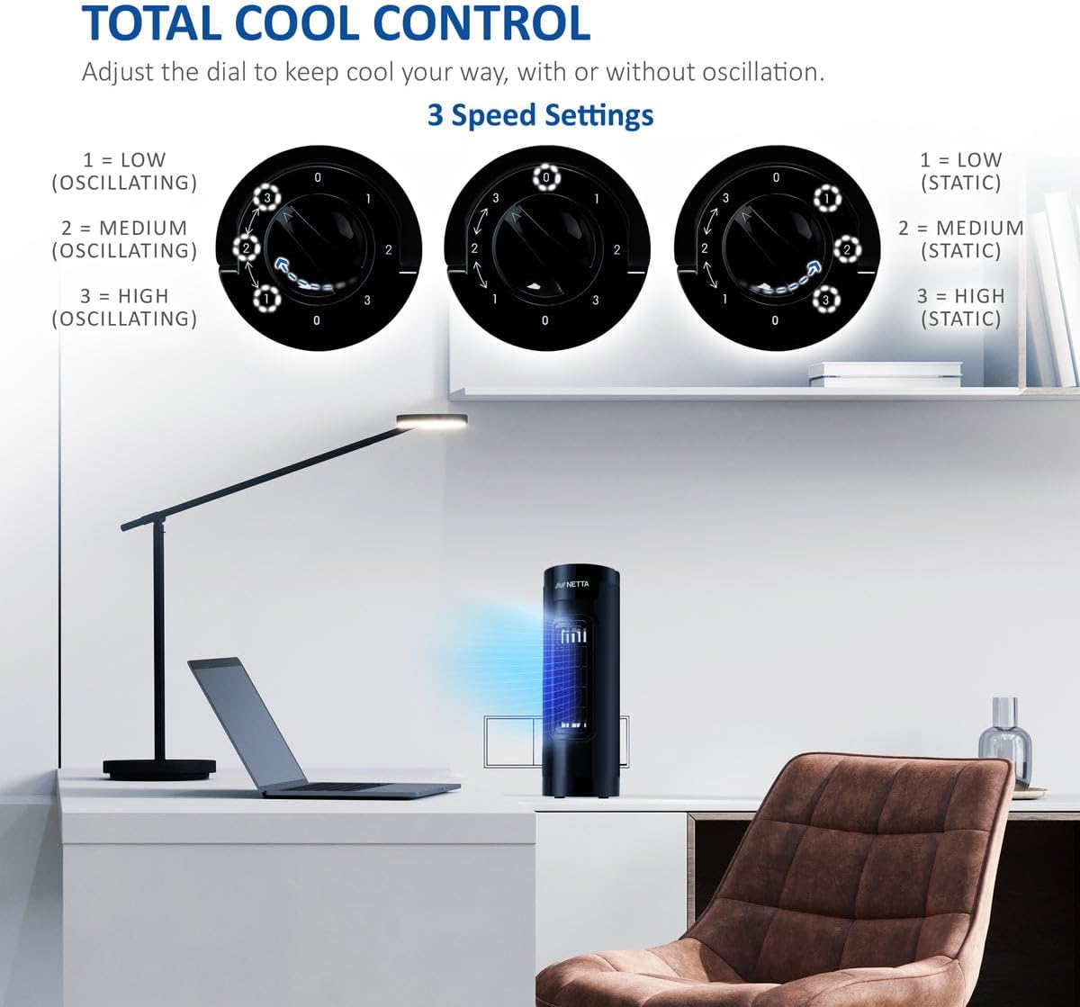 Thumbnail 3 de NETTA 14 Inch Mini Tower Fan with 65° Oscillation, 3 Speeds and Quiet Operation (Black)