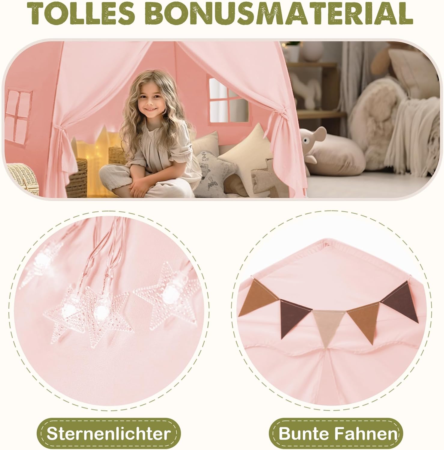 Thumbnail 4 de Mallify Kinderzelt Indoor „Kinderzelt mit Lichtern“ (150 x 100 x 150 cm) – Spielzelt fürs Kinderzimmer in Rosa
