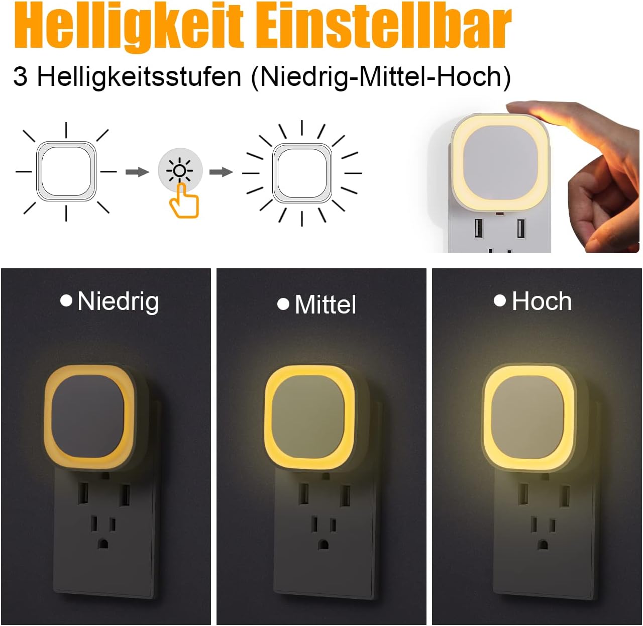 Thumbnail 1 de YUNLEX 2er Set Steckdosen-Nachtlicht mit Dämmerungssensor und 3 Helligkeitsstufen (warmweiß, dimmbar)