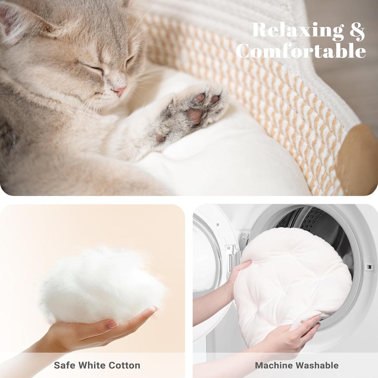 Detalle de CheerPals Cat Bed with Cushion, 47 cm: All‑Season Cotton Rope Basket for Cats