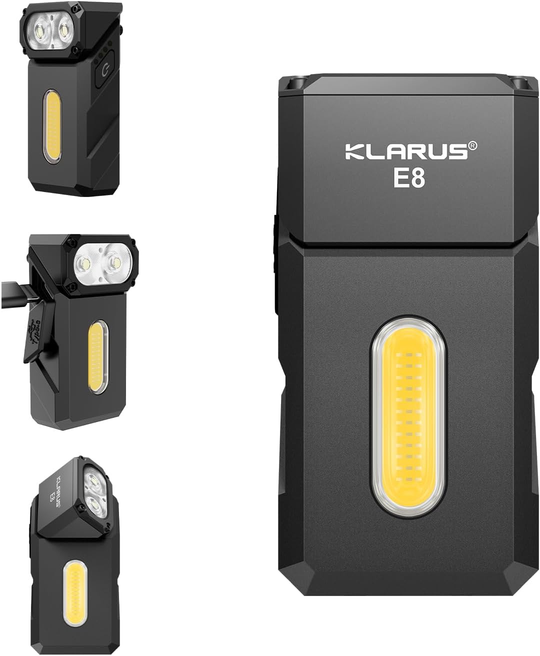 Detalle de KLARUS E8 EDC : lampe torche rechargeable triple lumière, tête pivotante 180° et éclairage de travail