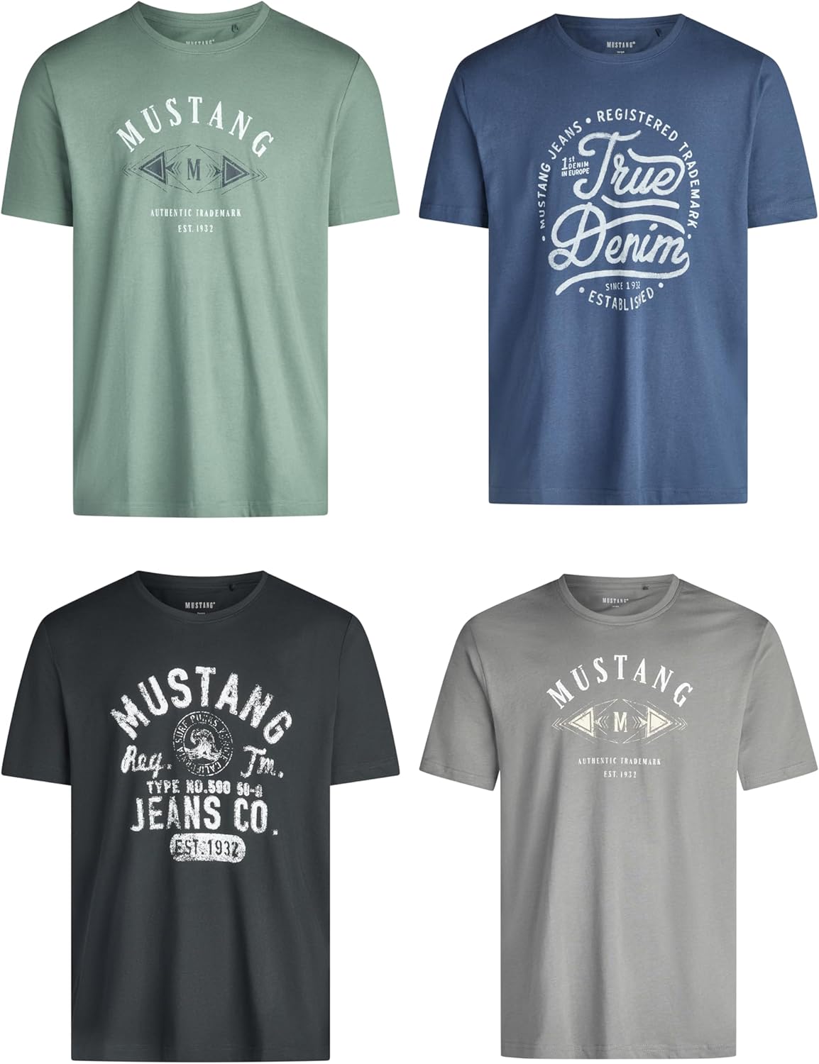 Detalle de MUSTANG Herren-T-Shirts im Regular Fit (4er-Set) aus Baumwolle, Rundhals Kurzarm mit Logoprint