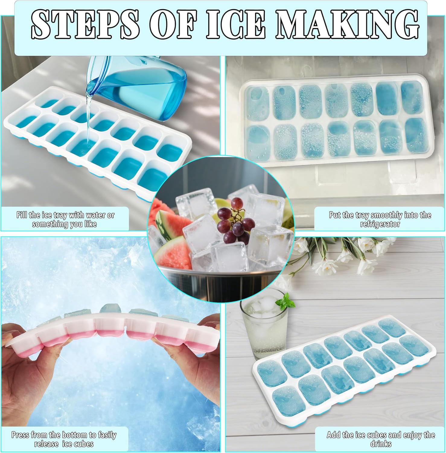Detalle 1 de Xcdhemde ES-ZBMJ-4pcs Silicone Ice Cube Trays, 56 Cubes, Lids