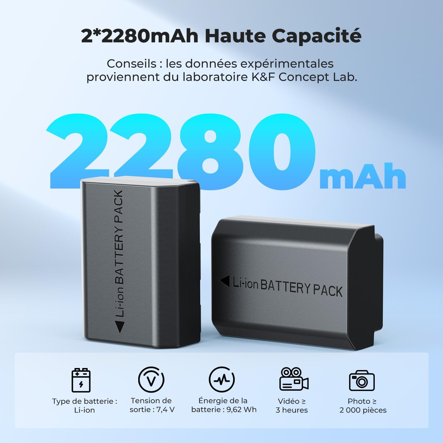 Thumbnail 1 de K&F CONCEPT Batterie NP-FZ100 avec chargeur à double fente (compat. Sony A7 III, A7 IV, A7C, ZV-E1, FX3, A9…)