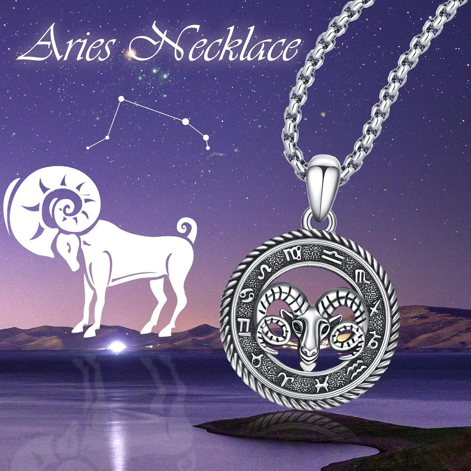 Thumbnail 1 de PARYFO 12 Sternzeichen Anhänger Halskette – 925 Sterling Silber oxidiert, Widder Symbol, Kette aus Edelstahl, Geschenkset