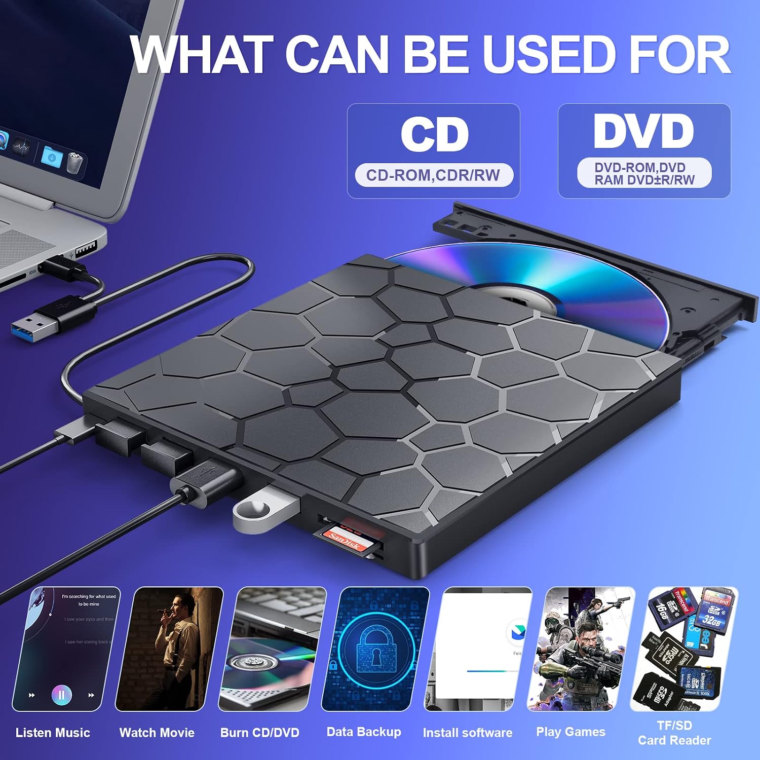 Detalle de BPAKDU 8-in-1 External CD/DVD Drive for Laptop with USB-C & USB 3.0